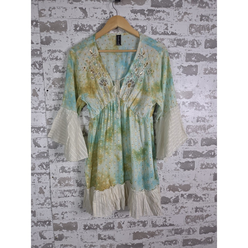 SACRED THREADS Boho Floral Embroidered Babydoll Top L/XL Tie Dye Bell Sleeves